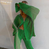 Casual High Wasit Pants Set Women Autumn Long Sleeve Blouses Matching Wide Trousers Suit Green Pleated 2 Piece Pant