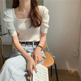 T Shirts Women Summer 2022 Solid Square Collar Short Puff Sleeve Female Tops Loose Casual Cotton Ladies