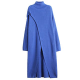 Women Blue Slit Big Size Knitting Long Dress New Turtleneck Long Sleeve Loose Fit Fashion Tide Spring Autumn 2023