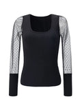 Toloer Women's Wear 2024 Summer New U Collar Mesh Sleeve Splicing Pure Color Versatile Show Thin Temperament T-Shirt Women's Top-Outfit