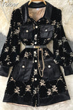 Fashion Temperament Velvet Woman Dress Cute Bear Print Lace-up Waist Long Sleeve Short Dresses Women Button-up