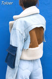 Patchwork Denim Jacket Women Long Sleeve lambswool Coat Tops Female Fashion Clothes Casual 2023 Winter