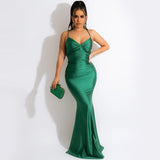 Spring Summer Women Spaghetti Strap Plunging V-Neck High Side Mermaid Maxi Dress Sexy Night Party Club Long
