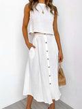Casual White Solid Women Skirt Set Sleeveless Crop Tops And Button Pockets Long Skirts Ladies Suit Summer Beach Style