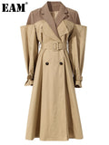 Women Khaki Color-block Long Trench New Lapel Long Sleeve Loose Fit Windbreaker Fashion Tide Spring Autumn 2023