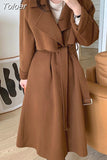 Women Elegant Long Sleeve Woolen Coats Female Simple Solid Winter Warm Overcoat With Belt Office Lady Korean