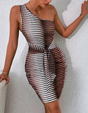 Printed Sexy One Shoulder Sleeveless Geometric Print Belted Mini Club