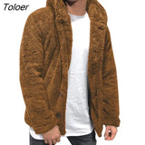 Mens Buttons Coat Warm Faux Fur Winter Casual Loose Double-Sided Plush Hoodie Fluffy Fleece Fur Jacket Hoodies Coat