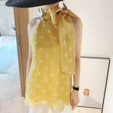 Polka Dot Casual Shirt For Women Bowknot Collar Sleeveless Loose Vintage Blouse Female Fashion New Clothing