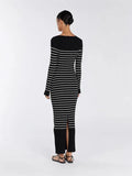 And Winter New Women's Fashion Elegant Round-Neck Dress Striped Dress Long