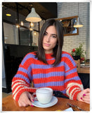 Red Striped Women Sweater O Neck Oversize Vintage Casual Chandails Winter Knitted Pullover Fashion Jumper Vetement Femme