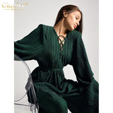 Fashion Pink Pleated Women Two Piece Outfits 2022 Elegant Loose Lace-Up Long Sleeve Shirts With Wide Pants Set
