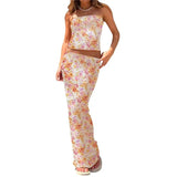 Piece Skirt Sets Womens Outfits Floral Print Sleeveless Crop Top Slim Fit Tube Tops and Long Skirt y2k Clothes Party