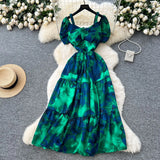 Famous Breeze Mashed Flowers Bubble Sleeves With Dress Women Summer Waist Repair Royal Sister Temperament Beautiful Long