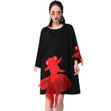 Women Black Fish Embroidery Knee Length Big Size Dress New Round Neck Wrist Sleeve Fashion Tide Spring Autumn 2023
