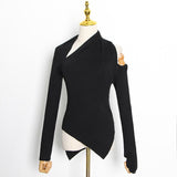2023 Autumn New Fashion Women's Tops New Asymmetrical Long Sleeve Hollow Out Irregular Slim Knitting Sweater Female