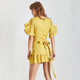 Casual Ruffles Women Dress O Neck Short Sleeve High Waist Lace Up Asymmetrical Mini Dresses Female Fashion