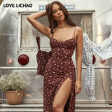 party Ditsy Floral Ruched Bust Knot Front Split Thigh Cami Dress Womens Summer Print Street Style Sleeveless Dress Robe