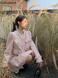 Jackets for Women Fashion Tweed Puff Sleeve Outwear Crop Tops O-neck Long Sleeve Temperament Korean Chic Vintage