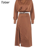 Satin Wrap Skirts Sets Brown Turn Down Collar Shirt And A-Line Split Skirt 2 Piece Set Summer Party Women Tops Suit