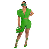 Solid Hooded Zip Tie Two Piece Shorts