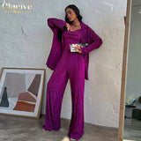 Fashion Beige Pleated 3 Piece Sets Womens Outifits Elegant Lapel Long Sleeve Blouse + Tank Top With Wide Leg Pants