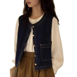Retro Denim Vest Women Spring And Autumn Folding Waist Coat Outside A Small Design Feel Shoulder