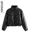 Women Fashion Faux Leather Padded Jacket Thick Warm Parka Coat Vintage Long Sleeve Female Outerwear Chic