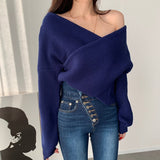 Party Sannian Korean Autumn And Winter Women's Sweater V-neck Cross-shoulder Loose Long-sleeved Knitted Sweater Female Clothes
