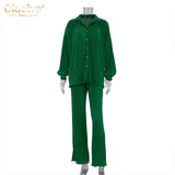 Casual High Wasit Pants Set Women Autumn Long Sleeve Blouses Matching Wide Trousers Suit Green Pleated 2 Piece Pant