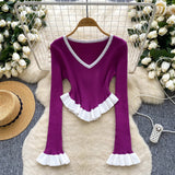 Striped Knitted Shirt Autumn Lotus Side Hem Horn Sleeves Slimmed Out Of The Bottom