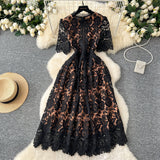 Elegant Heavy Industry Hollow Hook Water-Soluble Lace Dress Women's French Waist Thin Short Sleeve