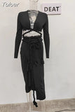 Fashion Women's 2 Pcs Set New V-neck Long Sleeve Bandage Tops And Lace Up Waist Mid-calf Skirt Female Summer 2023