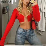 2022 Knitted Long Sleeve Crop Top Women 2022 V-Neck Open Front Sexy Woman T-Shirts Club Party Y2K Top Spring Autumn Cropped