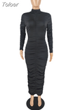 Brown Blue Solid Simple Pleated Maxi Dress Women Turtleneck Full Sleeve Bodycon Dresses Casual Body-shaping Party