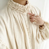 Stand Loose Plus Size Solid White Lantern Sleeve Hemp Cotton Cardigan Woman
