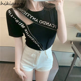 Women T Shirts 2023 Summer Tshirts Irregular Letter Tees Hollow Out Sexy Y2k Tops T-shirt Fashion Korean Clothes for