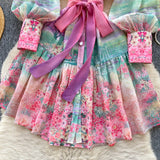 Spring Dress Women's New Dress Elegant Collar Lantern Sleeves To Close The Waist Print Lotus Leaf Side