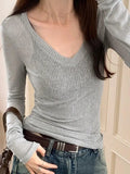 Ribbed V Neck Slim Long Sleeve Knit-Outfit