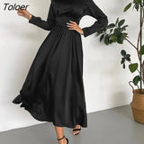 Elegant Satin Square Collar A-Line Dresses Autumn Black High Waist Midi Dress Party Long Sleeve Lace Up Dress Women