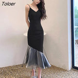 Korean Summer Sexy Strap Sleeveless Midi Party Club Dress Ladies Elegant Coffee Break Retro Bodycon Beach Mermaid