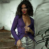 sexy deep V-neck Lace up beach club Top Women Mesh See Through Long Sleeve Solid T Shirt Fashion Ruffles Summer tee