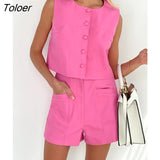 Summer Office 2 Pieces Pink Shorts Sets Elegant O-Neck Button Vest Casual Holiday Outfit High Waist Shorts Women Suits