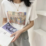 Oil Painting Print T-shirt Women Short Sleeve Loose 100% Cotton Shirt 2021 Female Basic Tops Summer Ladies Tees