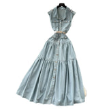 Ripe Wind Niche High-Grade Buckle Collar Sleeveless Roll-Lens Denim Dress Women's Summer Long