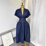 Women's Dress 2025 Summer High-End Deep V-Neck Waist Buckle Body Pressure Folding Casual Denim