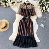 Embroidary Splice Evening Party Dress O Neck Zipper Women Mesh Slim Summer Fashion Ladies A Line Long Fishtail