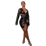 Sexy Nightclub Black Dresses for Women Party PU Leather Mesh Patchwork Cut Out Irregular Bodycon Slit Dress