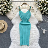 Backless Sleeveless Women Knitted Dress Slim Solid Gentle Fashion 2022 Summer V Neck Ladies A Line Midi