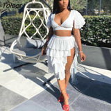 Sexy Dress Low Chest Puff Sleeve Top Cake Puffy Skirt 2 Two Piece Set Skirts Sets Ladies Elegant Outfits Solid